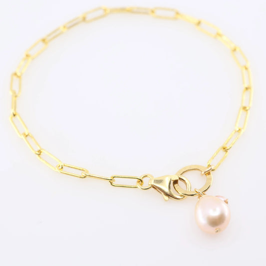 Gemstone Bracelet on large Paperclip Chain, Pink Rice Pearl J.Mills Studio