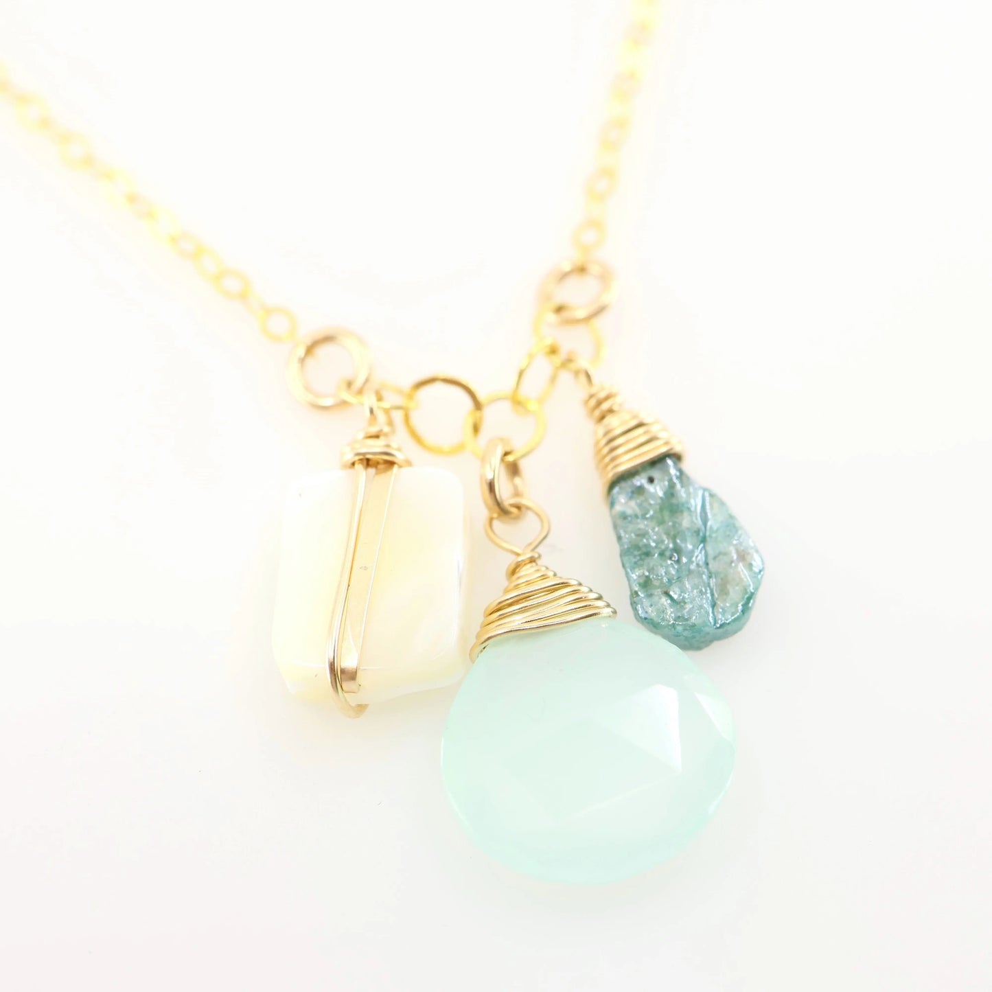 Small Gemstone Cascade Necklace with Aqua Chalcedony & Mother of Pearl J.Mills Studio