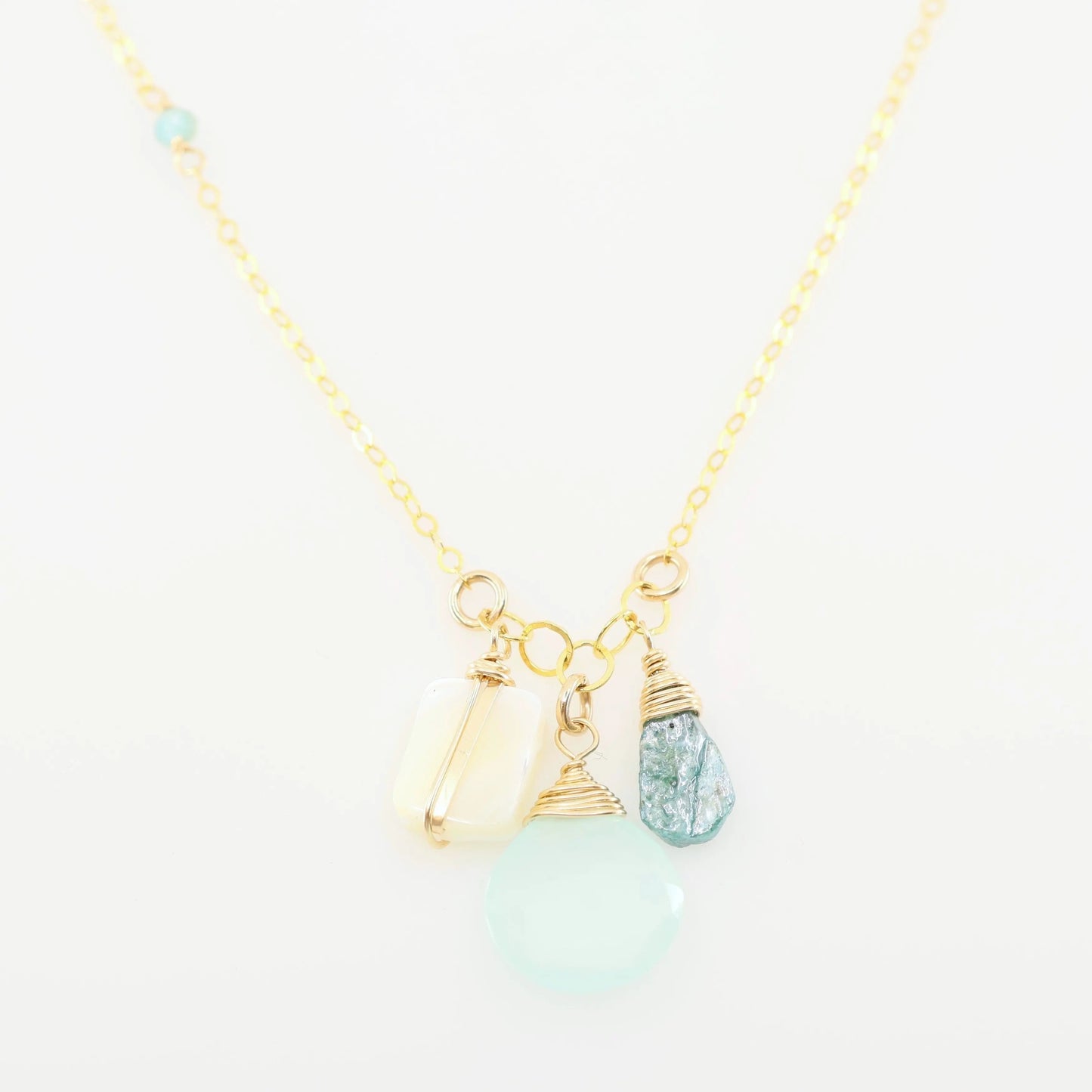 Small Gemstone Cascade Necklace with Aqua Chalcedony & Mother of Pearl J.Mills Studio