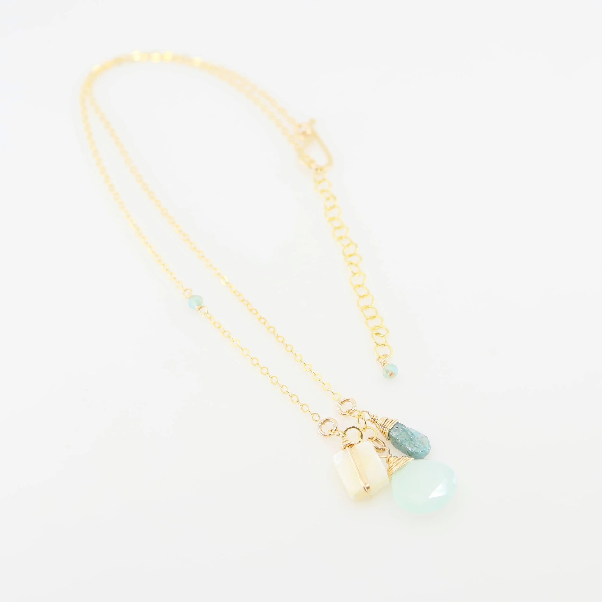 Small Gemstone Cascade Necklace with Aqua Chalcedony & Mother of Pearl J.Mills Studio