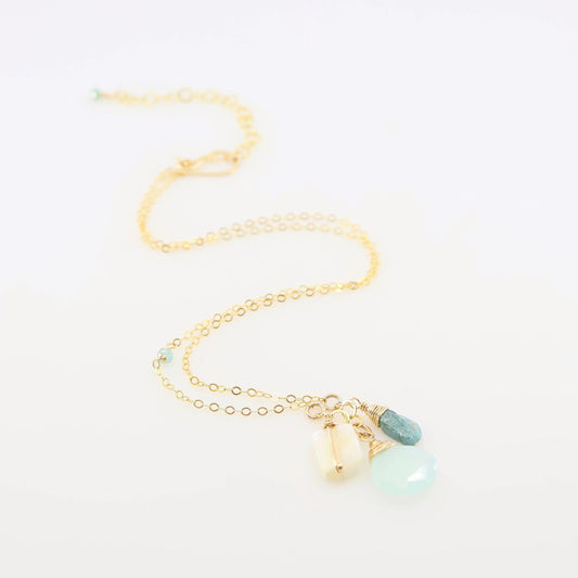 Small Gemstone Cascade Necklace with Aqua Chalcedony & Mother of Pearl J.Mills Studio