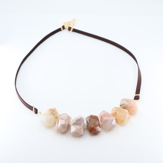 Faceted Cherry Blossom Agate and Leather Statement Necklace J.Mills Studio