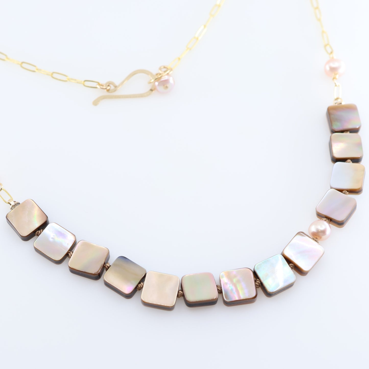 Square Cut Mocha Abalone Necklace on Knotted Silk and Paperclip Chain J.Mills Studio