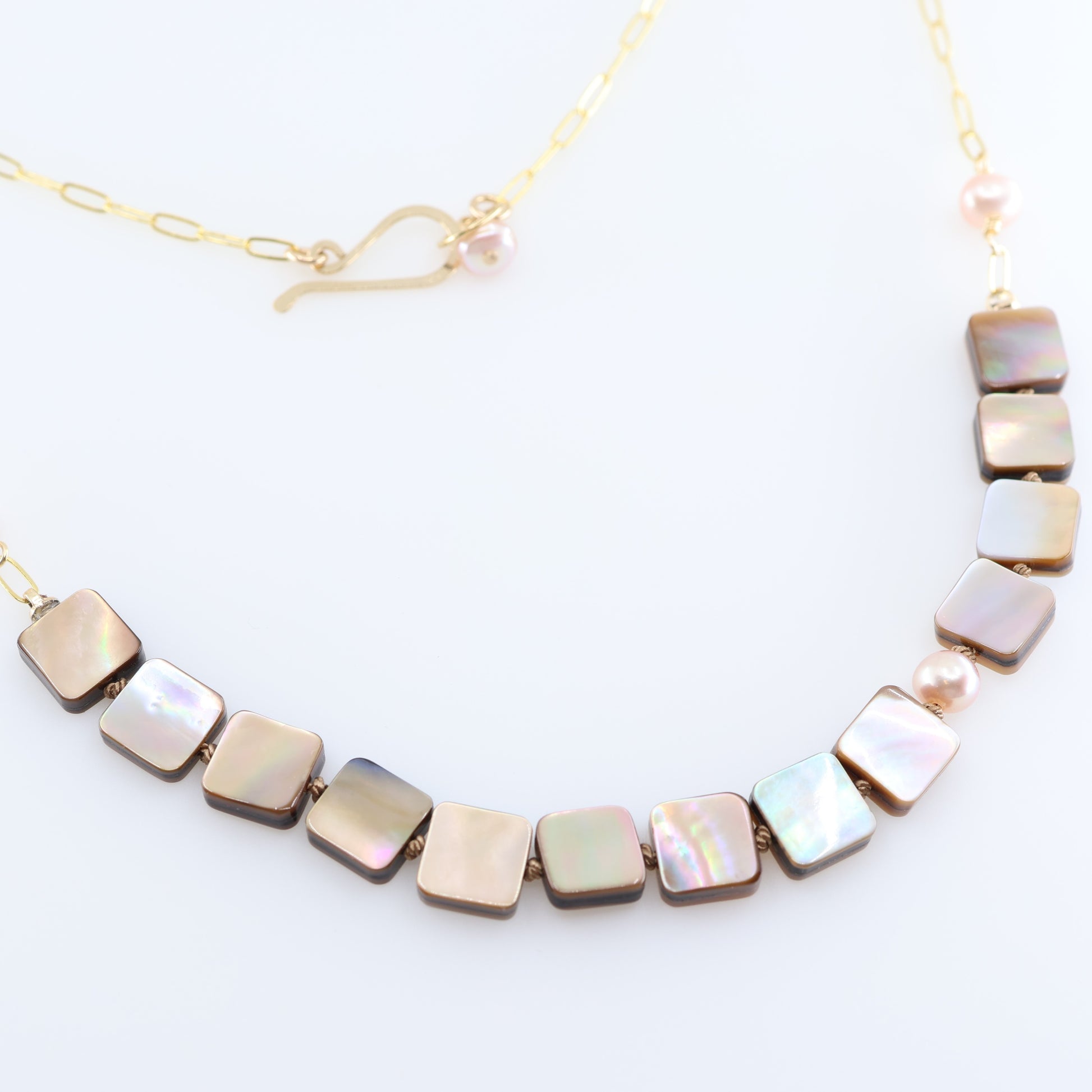 Square Cut Mocha Abalone Necklace on Knotted Silk and Paperclip Chain J.Mills Studio