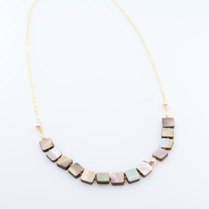 Square Cut Mocha Abalone Necklace on Knotted Silk and Paperclip Chain J.Mills Studio