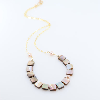 Square Cut Mocha Abalone Necklace on Knotted Silk and Paperclip Chain J.Mills Studio