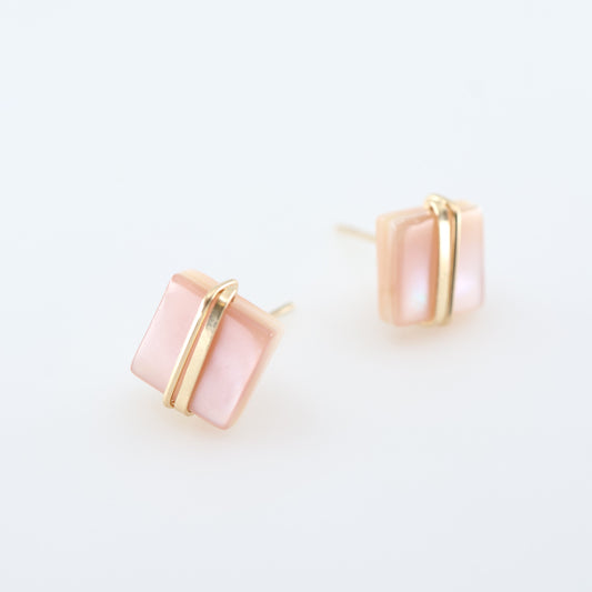 Pink Abalone Square Stud Earrings with Forged Accents J.Mills Studio