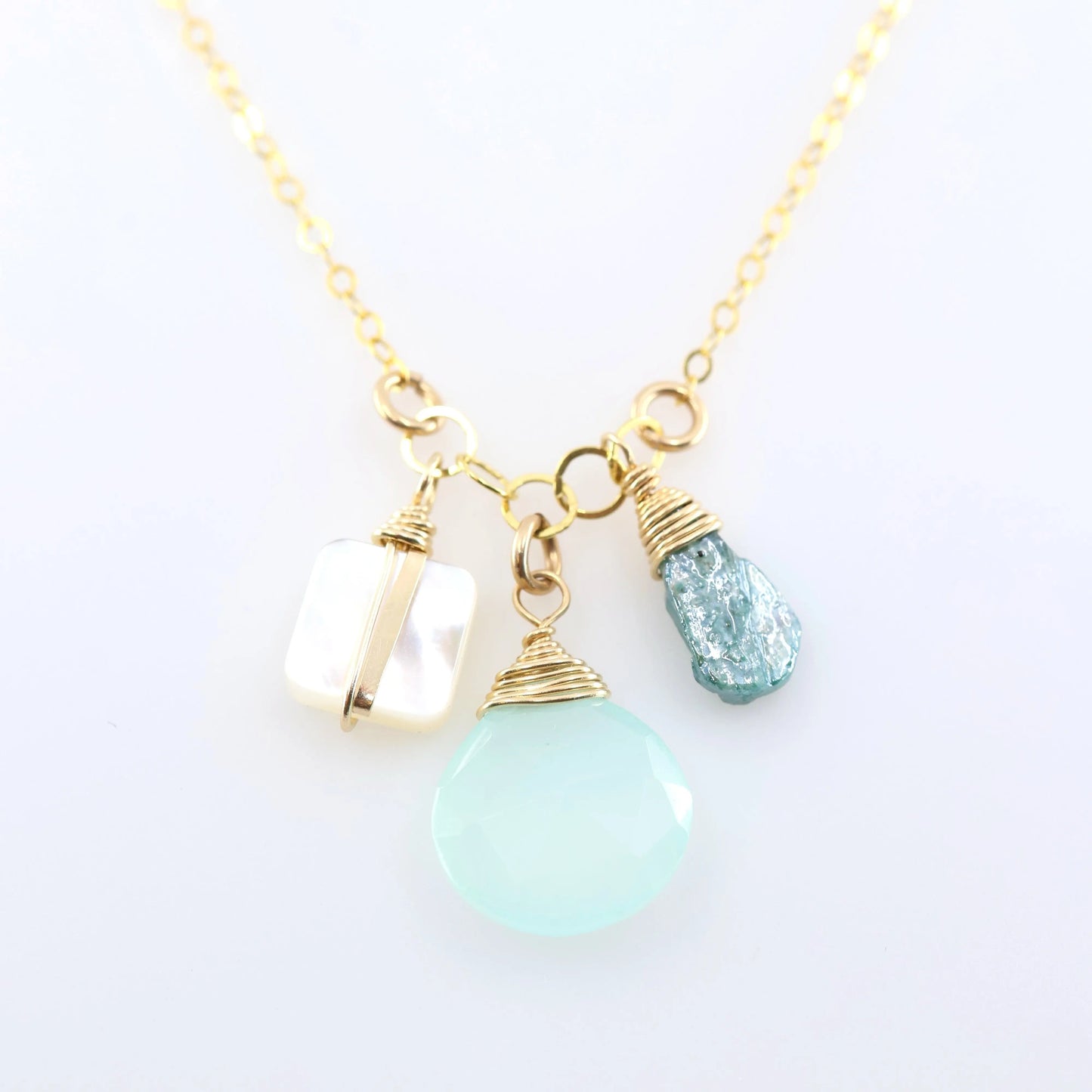 Small Gemstone Cascade Necklace with Aqua Chalcedony & Mother of Pearl J.Mills Studio