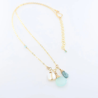 Small Gemstone Cascade Necklace with Aqua Chalcedony & Mother of Pearl J.Mills Studio