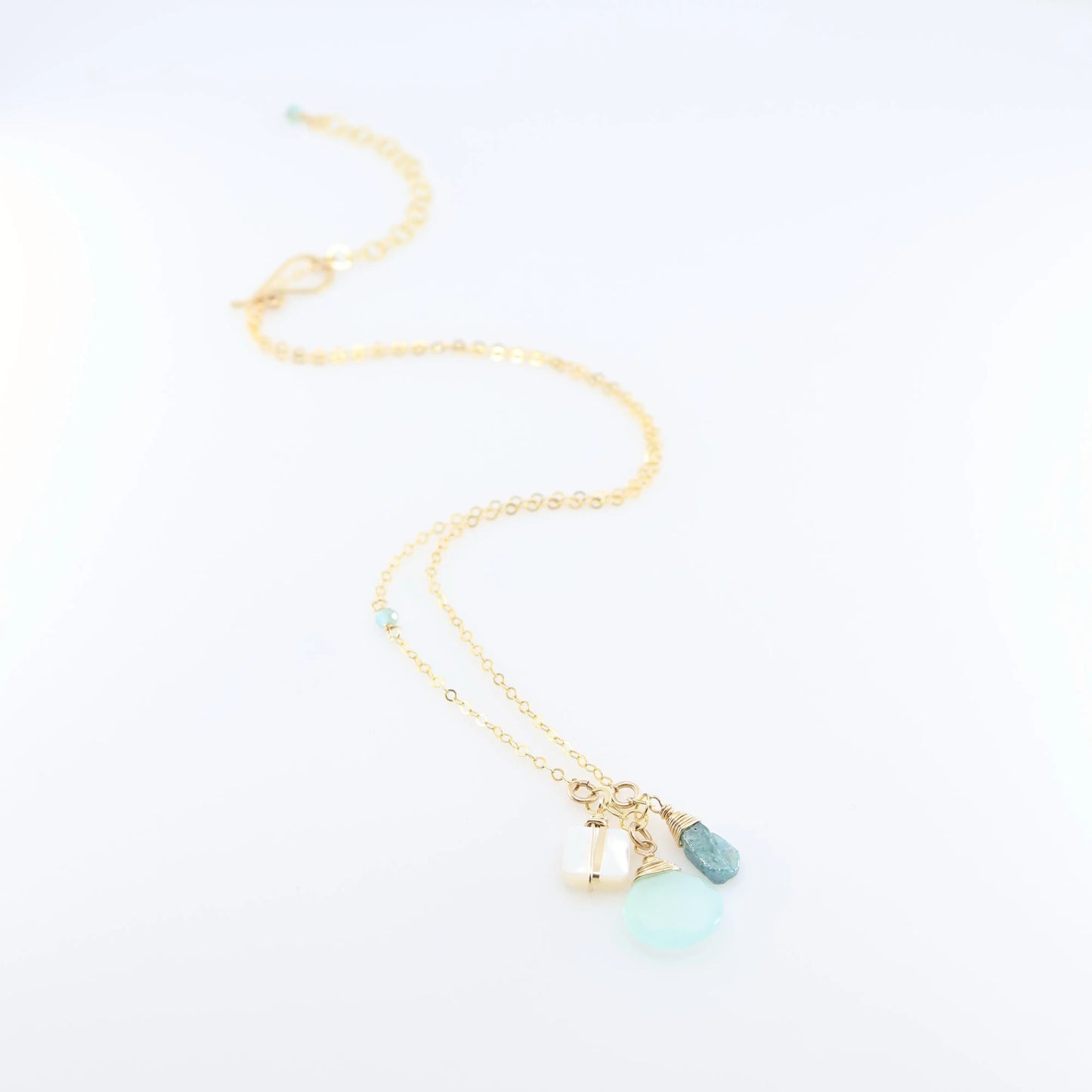 Small Gemstone Cascade Necklace with Aqua Chalcedony & Mother of Pearl J.Mills Studio