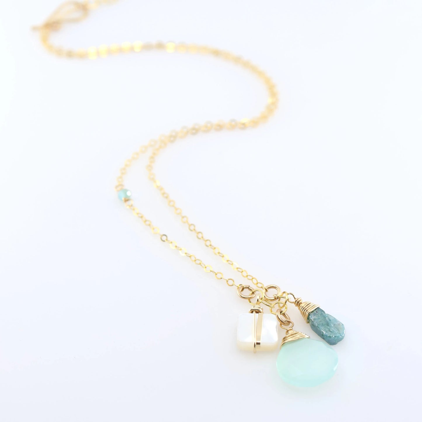 Small Gemstone Cascade Necklace with Aqua Chalcedony & Mother of Pearl J.Mills Studio