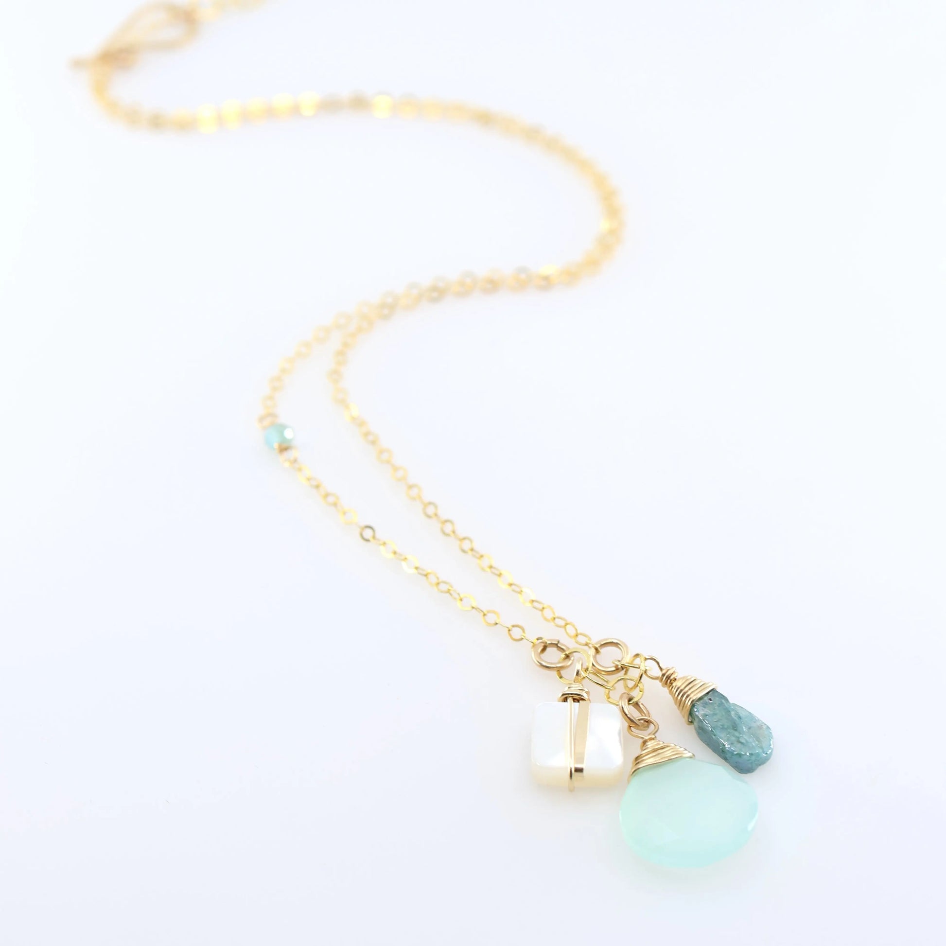 Small Gemstone Cascade Necklace with Aqua Chalcedony & Mother of Pearl J.Mills Studio