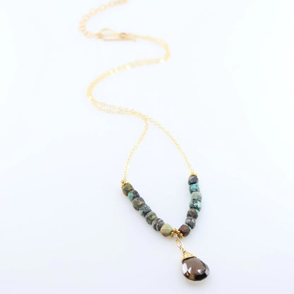 Green Turquoise and Smoky Quartz Teardrop Necklace J.Mills Studio
