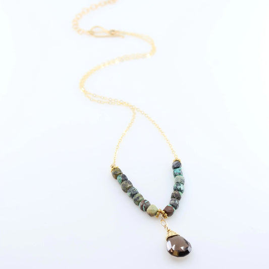 Green Turquoise and Smoky Quartz Teardrop Necklace J.Mills Studio