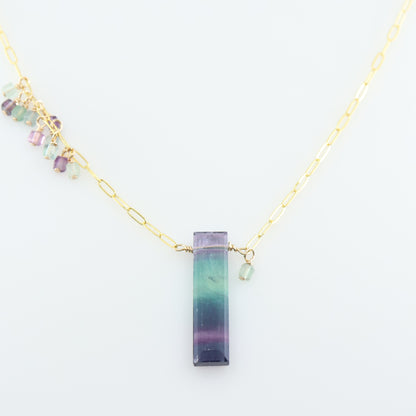 Rainbow Fluorite Rectangle and Asymmetrical Gemstone Cluster Necklace