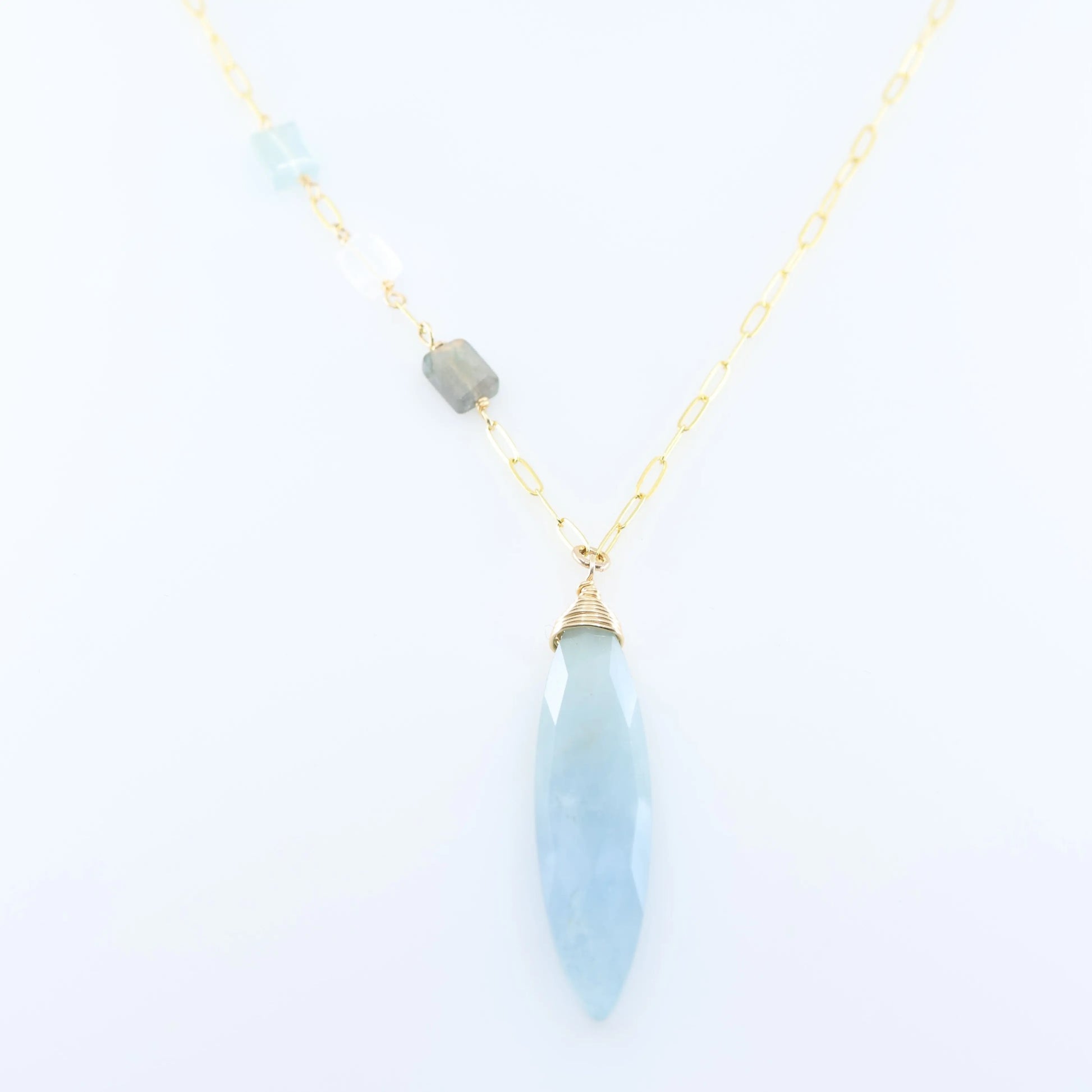 Milky Aquamarine Marquis Cut Gemstone Necklace with Asymmetrical Gemstone Accent J.Mills Studio