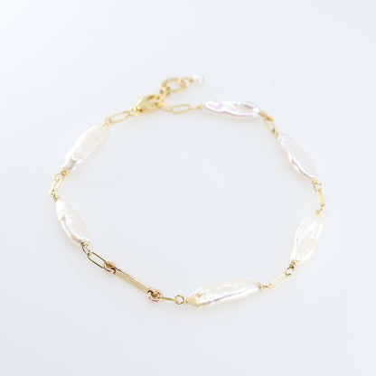 Freshwater Biwa Pearl and Forged Bar Bracelet J.Mills Studio