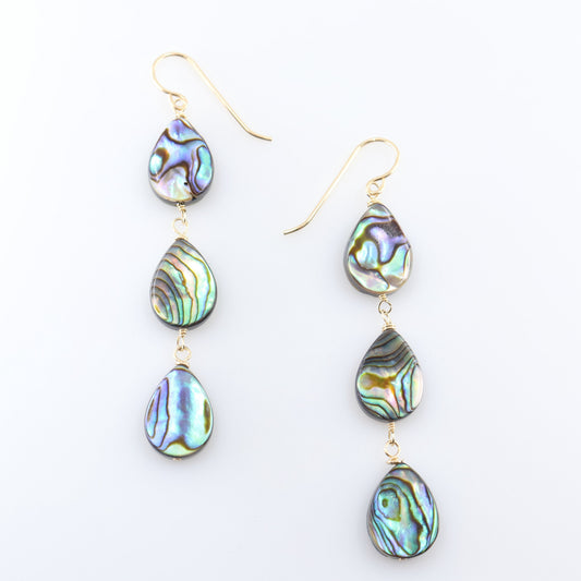 A pair of dangle earrings with three teardrop-shaped abalone shell pendants, showcasing a shimmering iridescent green, blue, and purple coloration, set against a clean white background.
