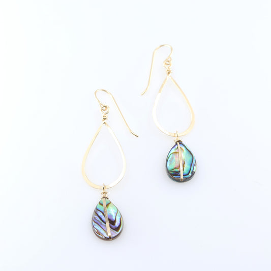 A pair of gold teardrop dangle earrings with iridescent abalone shell drops, displayed on a clean white background.
