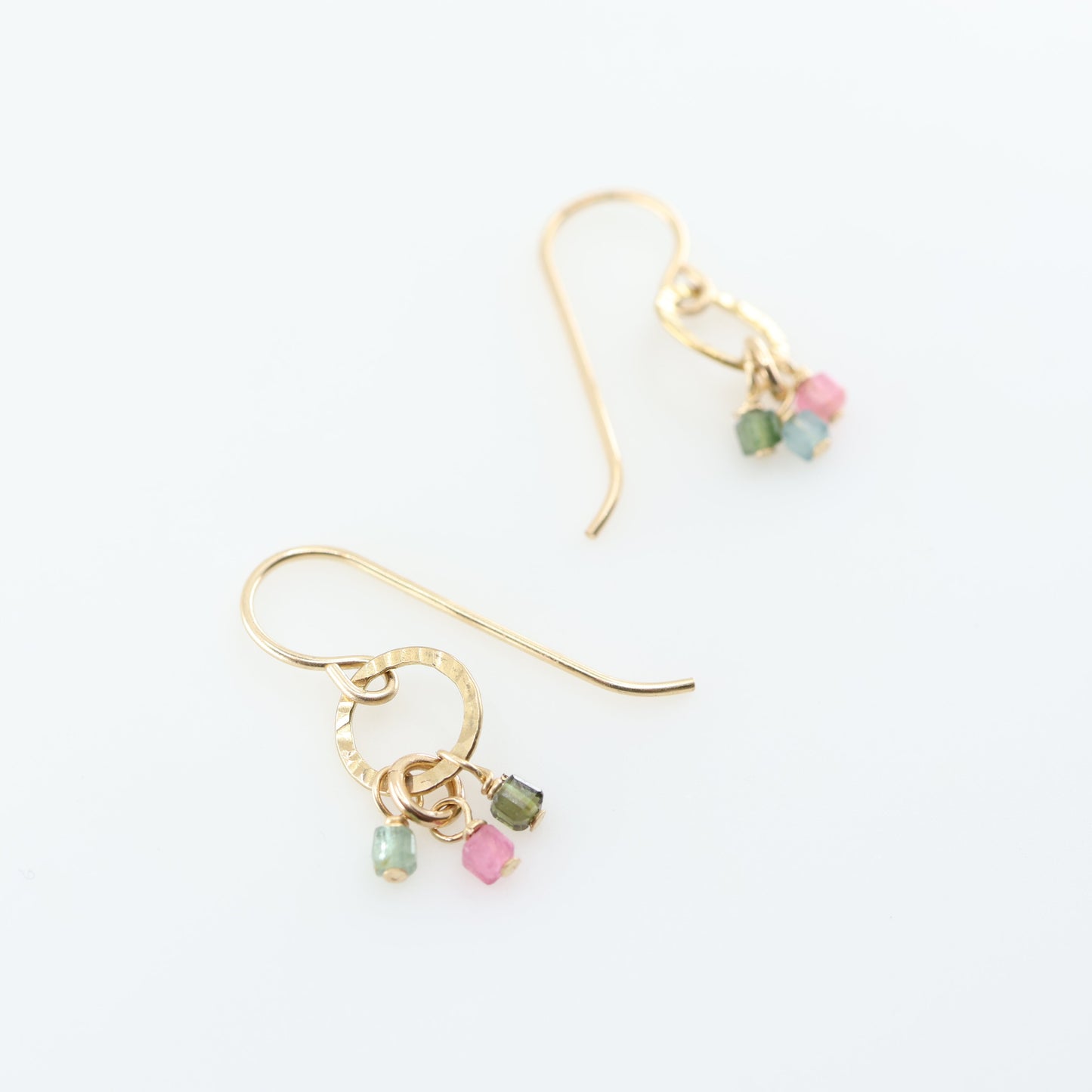Tiny Hammer Textured Circle Earrings with Watermelon Tourmaline