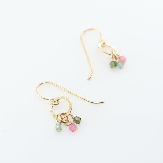 Tiny Hammer Textured Circle Earrings with Watermelon Tourmaline