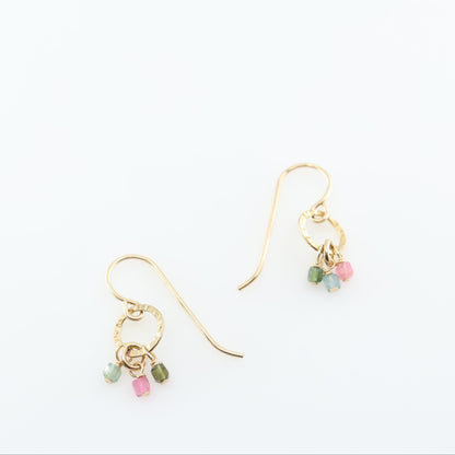 Tiny Hammer Textured Circle Earrings with Watermelon Tourmaline