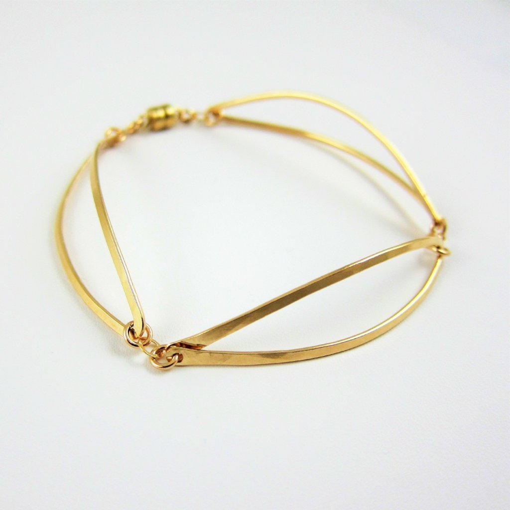 Forged 14k Gold Filled 3 Curved Marquis Link Bracelet with Magnetic Clasp