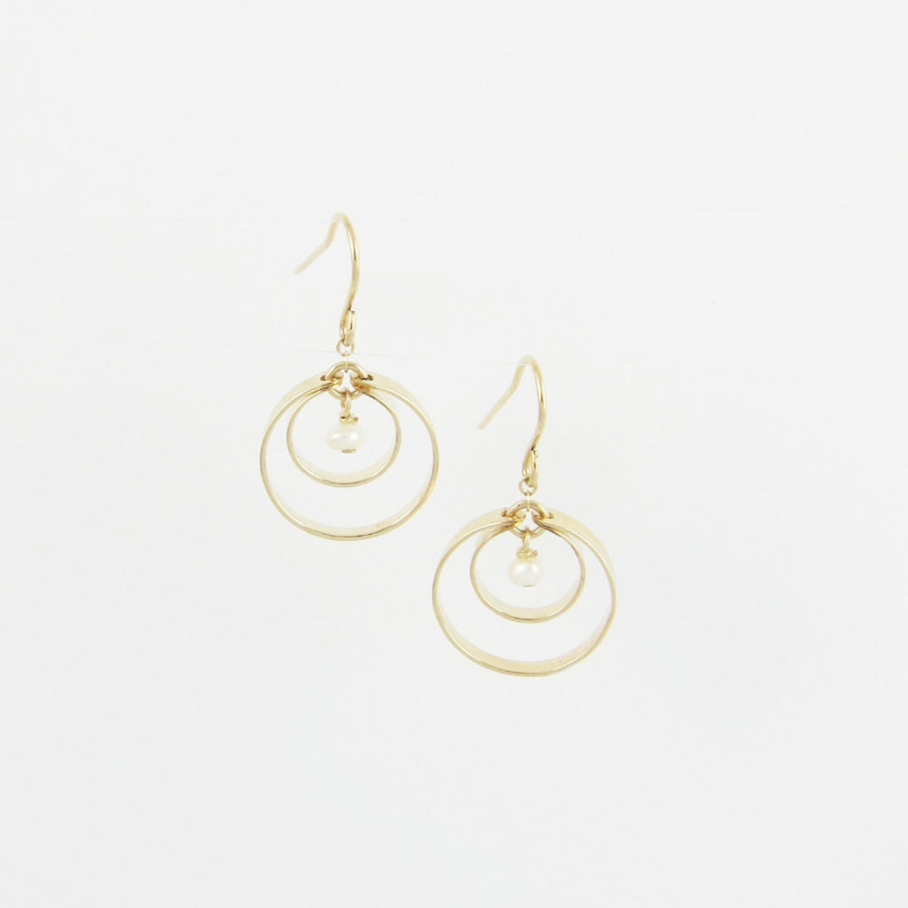 14K Gold Forged double circle earring with pearl center 