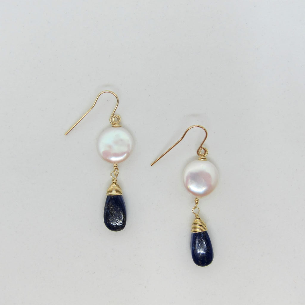 Coin Pearl and Lapis Lazuli Teardrop Earrings