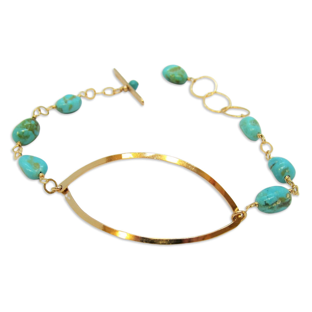 Forged Marquis Link and Kingman Turquoise Toggle Clasp Bracelet