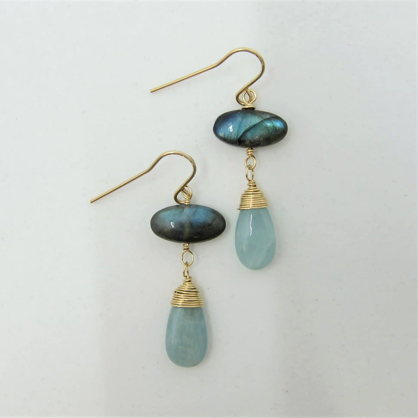 Oval Labradorite & Milky Aquamarine Teardrop Earrings