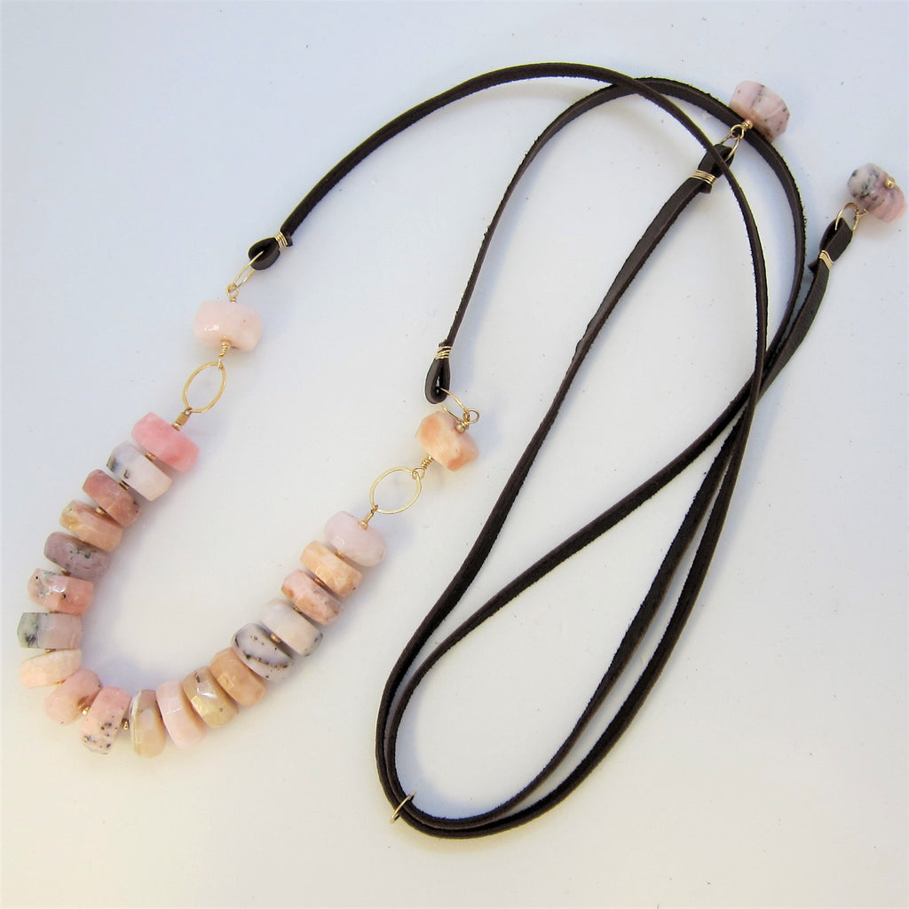 Peruvian Pink Opal and Leather Necklace