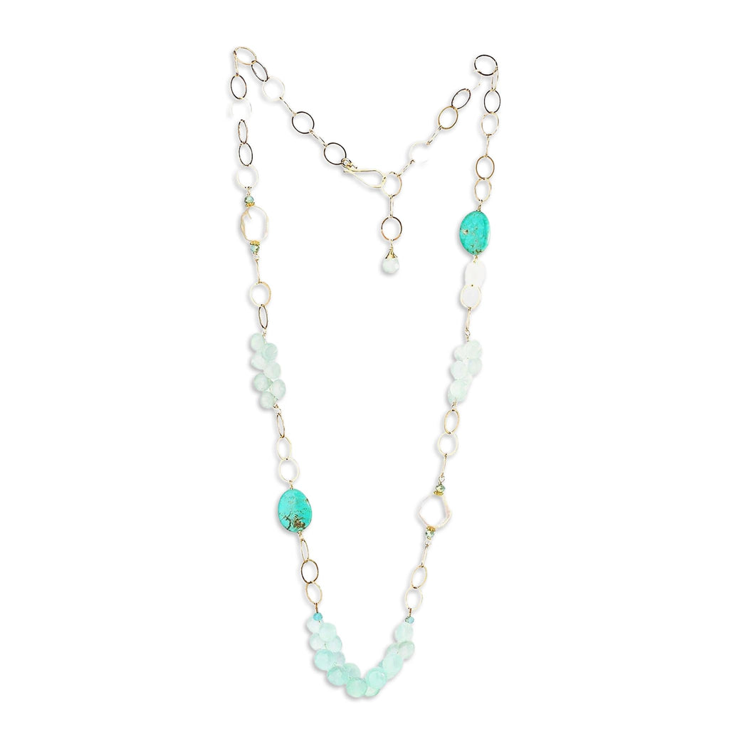 Aqua Chalcedony, Freshwater Coin Pearl and Kingman Turquoise Necklace
