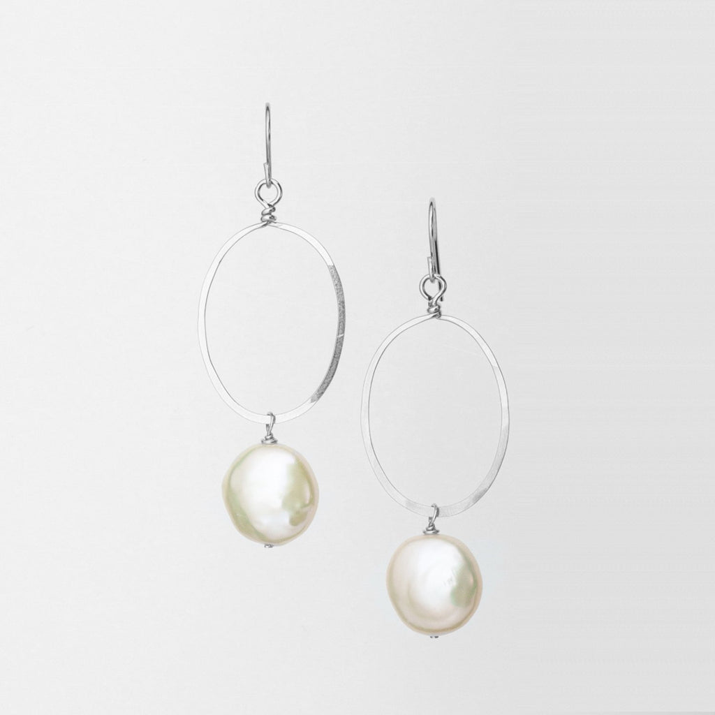 Large Sterling Silver Forged Oval Freshwater Coin Pearl Earrings