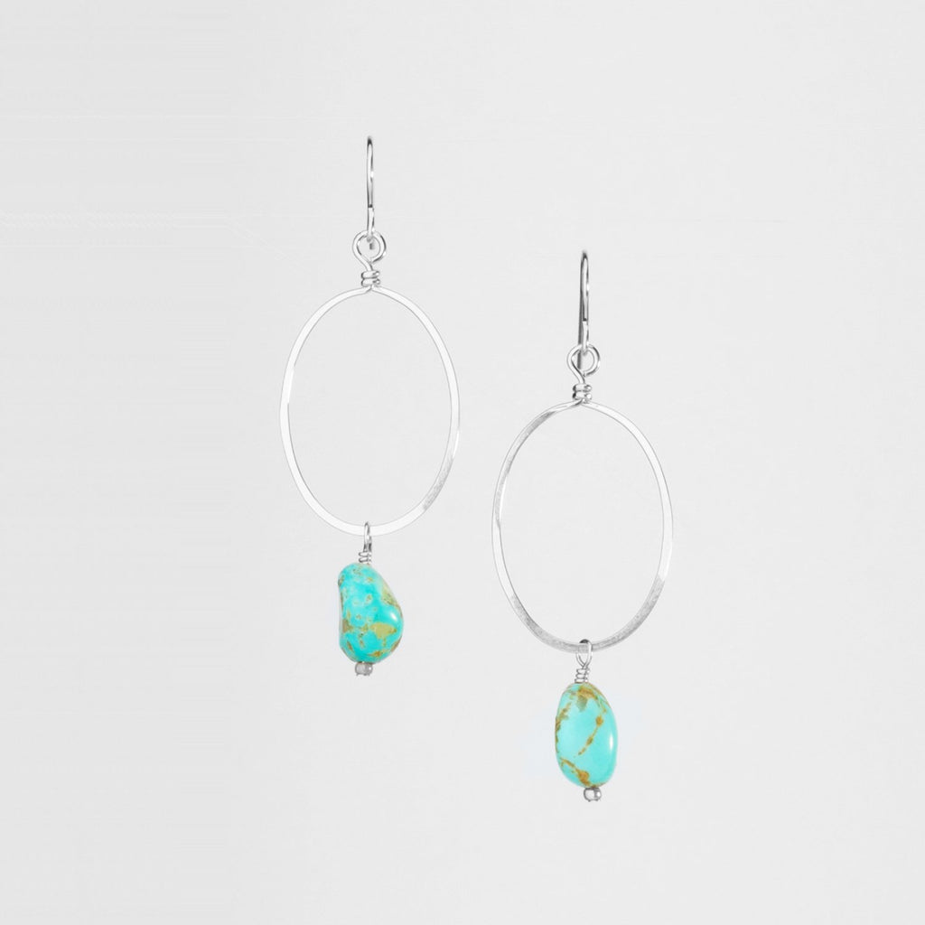 Large Sterling Silver Gold Forged Oval & Kingman Turquoise Drop Earrings