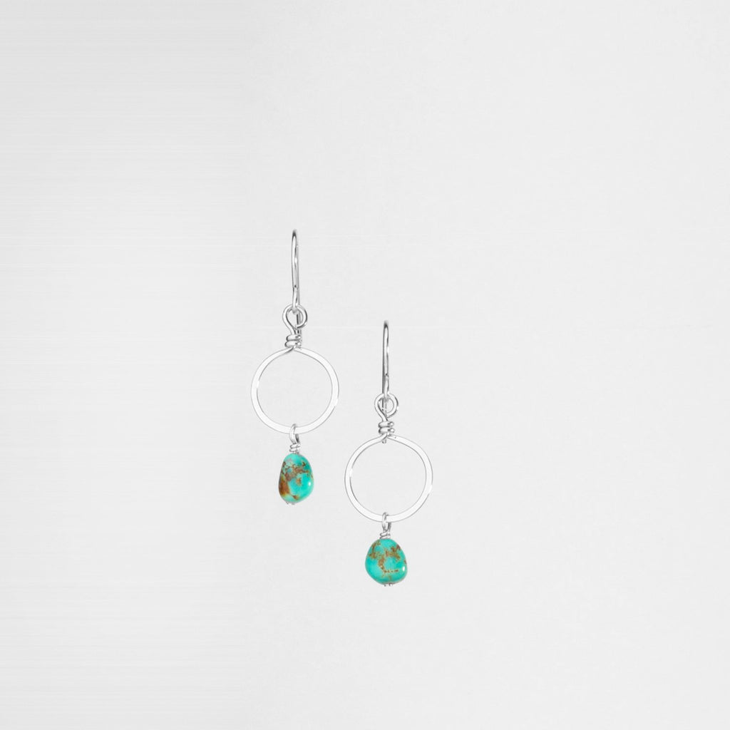 Sterling Silver Forged Tiny Circle Earrings with Kingman Turquoise Drop